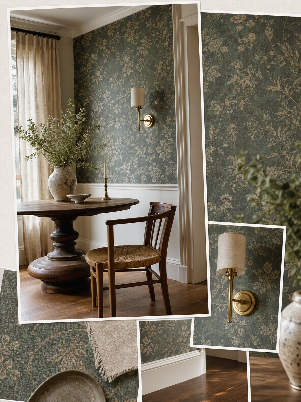 Residential dining nook with botanical wallpaper and warm natural materials