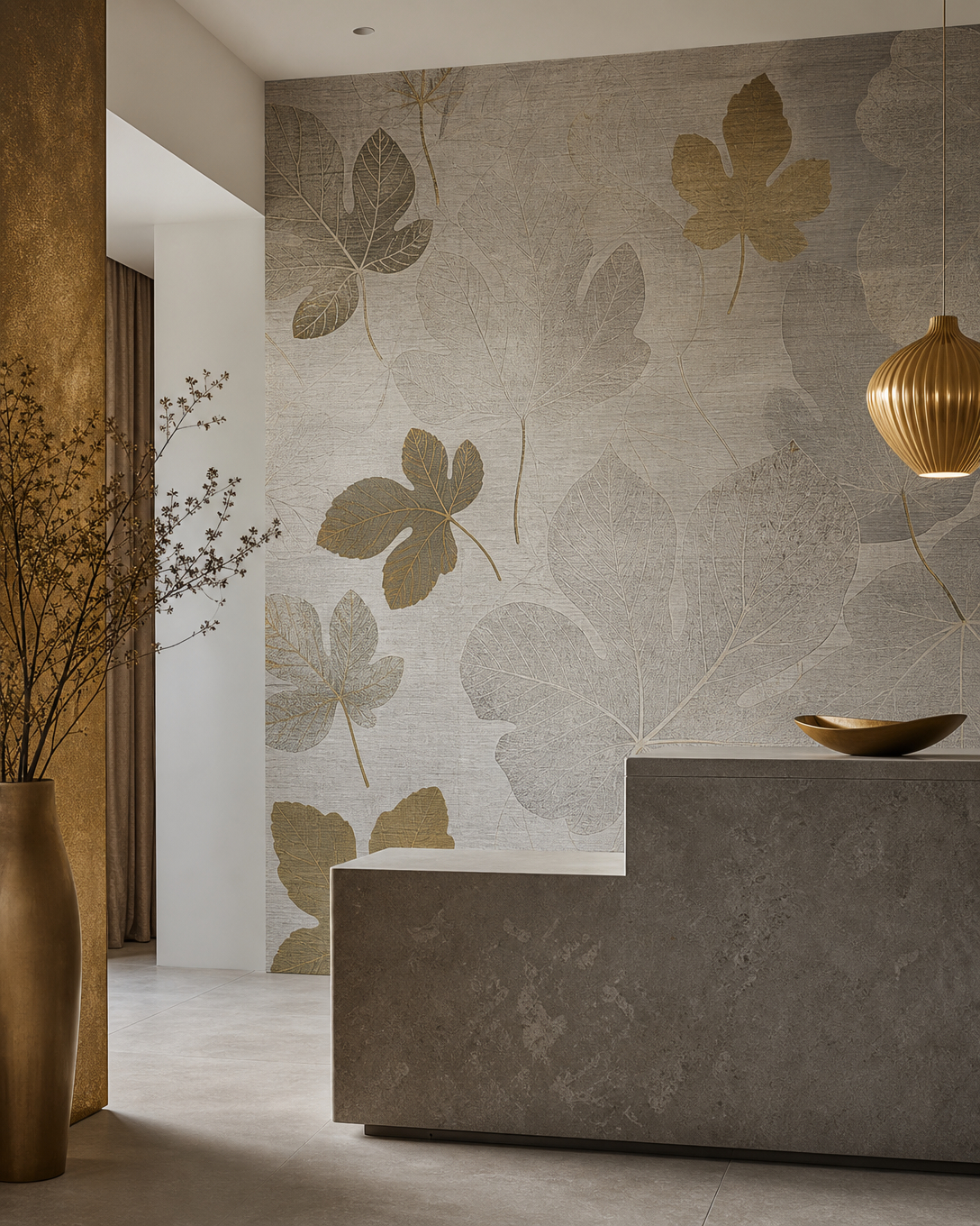 Commercial reception wall with refined leaf-pattern textured wallpaper