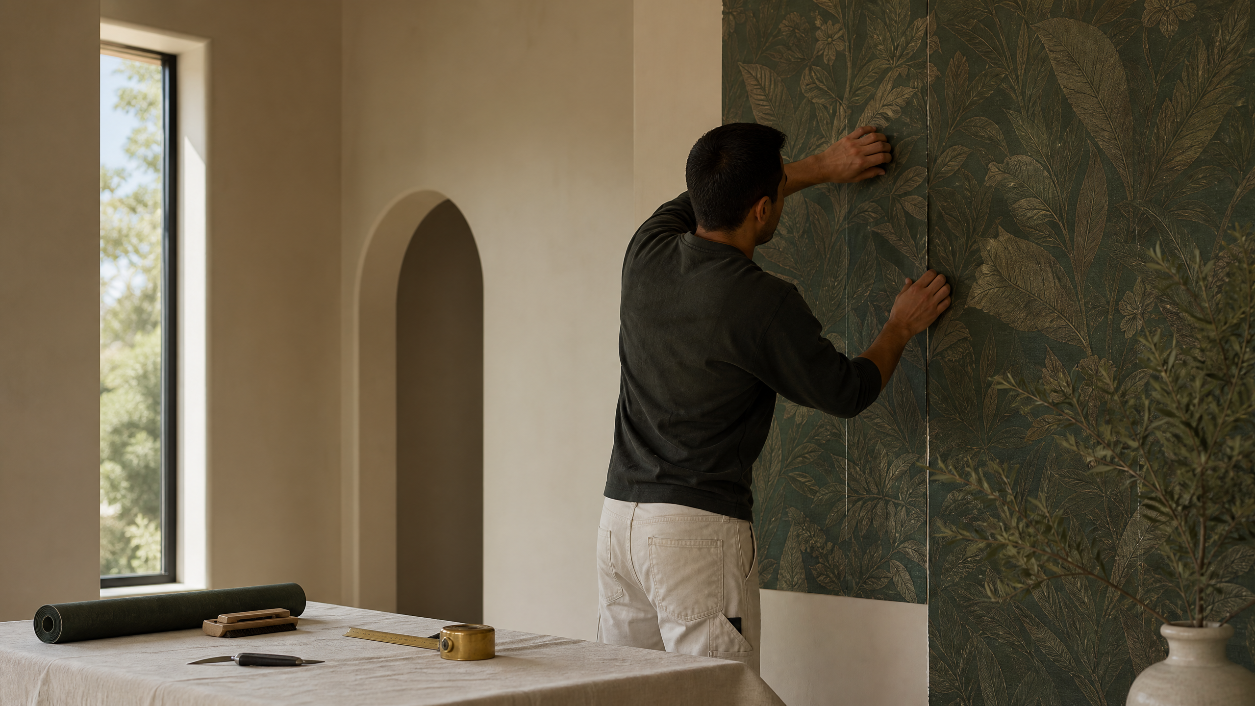 Wallpaper installer aligning a botanical wallcovering inside a modern interior