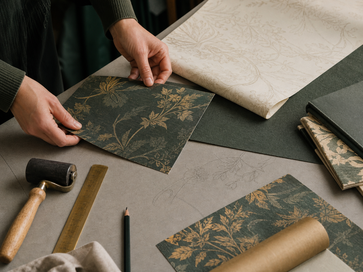 Wallpaper samples and installation tools arranged in a craft studio